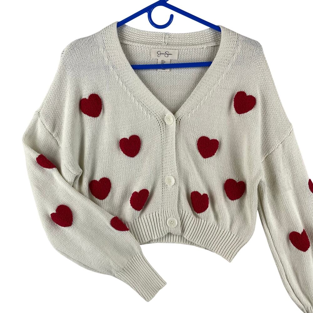 Jessica Simpson Womens Cropped Heart Cardigan Sweater SZ S Ivory Red Knit